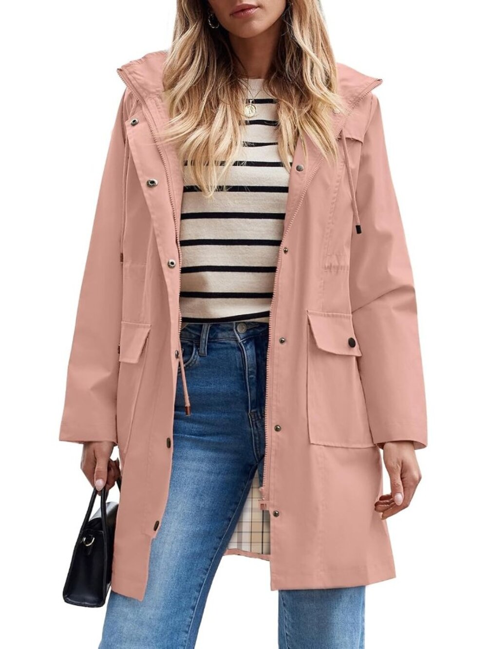 Women's Pink 100% Polyester Hooded Long Waterproof Packable Trench Rain Coat